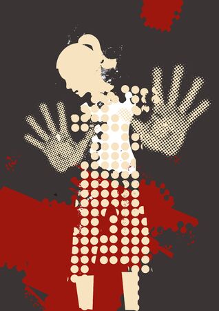 Desperate Young woman, fear of violence. Grunge stylized woman silhuette with arms in defensive position.Illustration on grunge background. Vector available.のイラスト素材