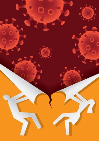People, Torn Paper Background, Coronavirus. Stylized Male and Female Silhouette Ripping Paper Background and Discovering Coronavirus. Banner template. Vector available.のイラスト素材
