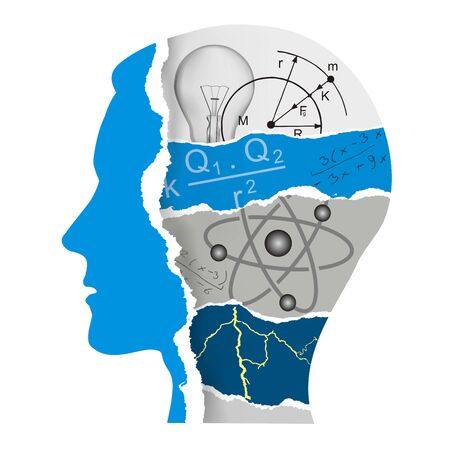 Student of Physics, paper collage silhouette. Male head stylized silhouette with torn paper with Physics symbols and physical formulas. Vector available.のイラスト素材
