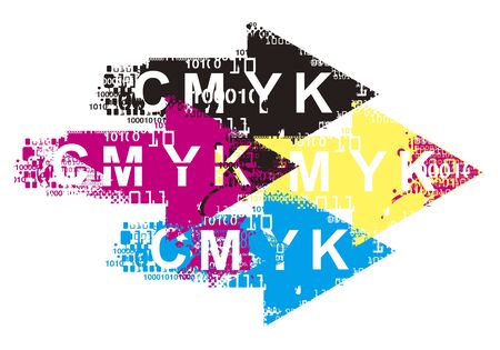 Expressive Arrows with binary codes, print data. Grunge stylized background with binary codes and CMYK inscription. Vector available.のイラスト素材