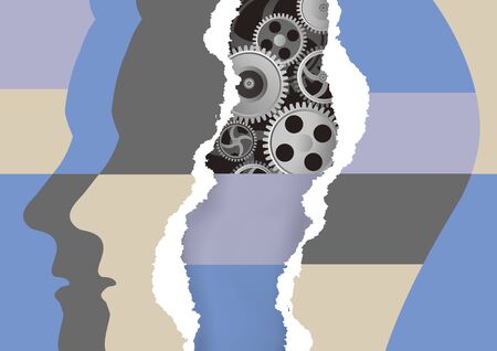 Male head, psychology, schizophrenia. Head silhouettes with torn paper and gear. Vector available.のイラスト素材