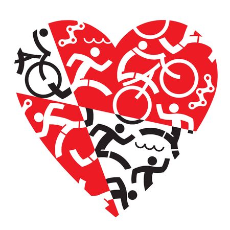 I love Triathlon, running, swimming, cycling. Illustration with red and black heart symbol with triathlon athletes, swimmers, cyclists, runners. Useful as t-shirt design. Vector available.のイラスト素材