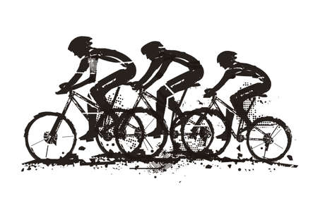 Mountain bikers, competition. Expressive grunge stylized illustration of three cyclists on mountain bike. Vector available.のイラスト素材