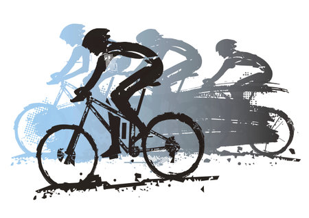 Mountain biking, competition. Expressive grunge stylized illustration of four cyclists on mountain...