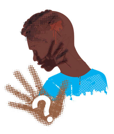 Desperate Black young man, Victim of violence and racism. Illustration of Stylized man grunge silhouette covering strike with hand print on the face. Vector available.のイラスト素材