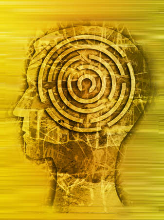 Man, Labyrinth of difficult life. Male head stylized silhouette on the scratched wall with maze symbolizing life stories.の写真素材