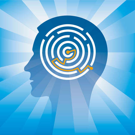 Man, Labyrinth, smart solution. Male head stylized silhouette with solved round maze symbolizing intelligence. Vector available.のイラスト素材