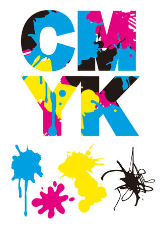Cmyk inscription with colorful splatters. Illustration on white background. Concept for presenting color printing. Vector available.のイラスト素材