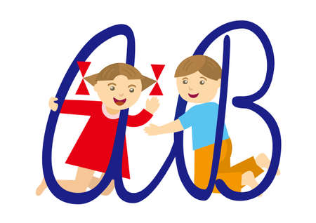 Kids and alphabet. Little boy and girl with letters.Vector available.のイラスト素材
