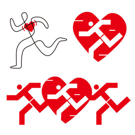 Running for a healthy heart. Three Illustrations of stylized runners with heart icon. Vector available.のイラスト素材