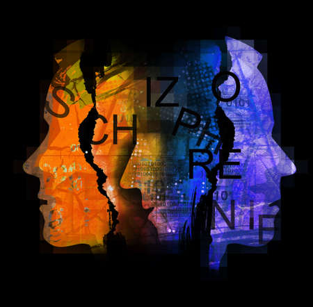 Male head silhouettes with Schizophrenia inscription, Ripped paper Male head silhouettes. Concept symbolizing schizophrenia, dementia, depression.の写真素材