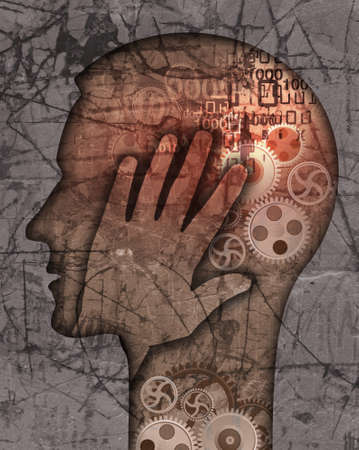 Stressed man, Burn out syndrome. Stylized male head silhouette with gear and binary code on grunge background.の写真素材