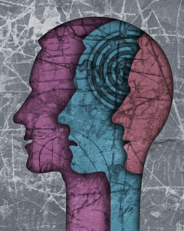 Schizophrenia male head silhouette. Illustration with three stylized male heads on grunge texture symbolizing schizophrenia Depression, bipolar disorderの写真素材