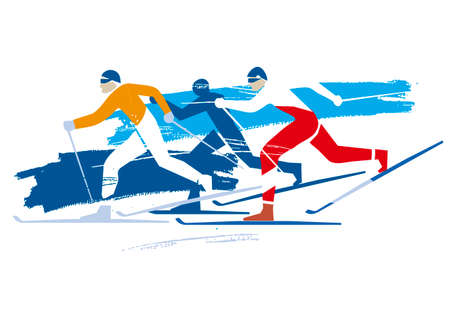 Cross Country Skiers. A expressive stylized drawing of three cross-country ski competitors. Vector availableのイラスト素材