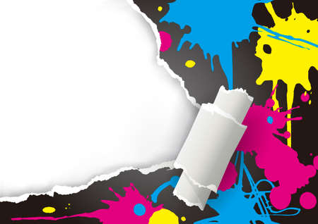Ripped paper with CMYK colors ink splashes. Ripped paper with place for your image or text. Concept for presenting color printing. Vector available.のイラスト素材