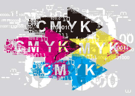 Expressive Arrows with binary codes, print data. Grunge stylized arrows with binary codes and CMYK inscription. Vector available.のイラスト素材