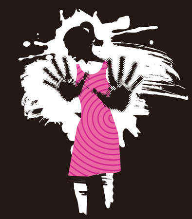 Abused young woman, fear of violence. Grunge stylized woman silhuette with arms in defensive position. Vector availableのイラスト素材