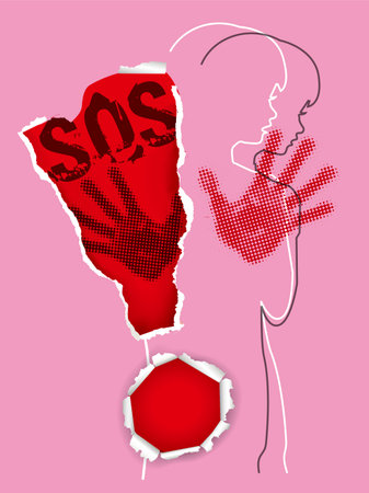 Girl, victim of domestic violence. Exclamation mark symbol torn out in pink paper with stylized silhouette of little girl. Vector availableのイラスト素材