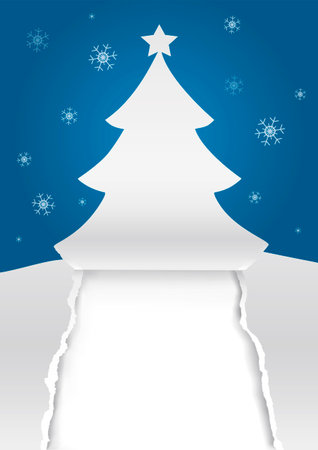 Paper christmas tree, greeting card background. Illustration of paper spruce torn paper silhouette with snowflakes. Place for your text or image. Vector available.のイラスト素材
