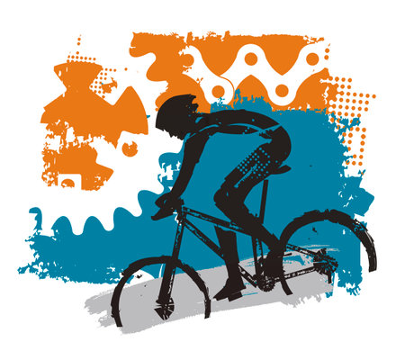 Mountain bike, Cyclist and bicycle parts bacground. Colorful grunge stylized illustration with cyclist and bicycle parts. Vector available.のイラスト素材