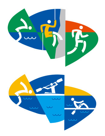 Outdoor and Water sport symbols. Sport icons on colorful dynamic background. Vector available.のイラスト素材