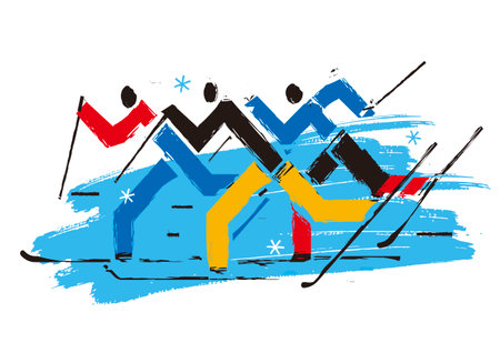 Cross Country Ski Racers, nordic skiing, grunge stylized. A expressive stylized drawing of cross country ski competitors. Isolated on white background. Vector available.のイラスト素材