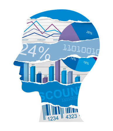 Economist, businessman head silhouette. Male head silhouette with charts and numbers symbolizing economy. Vector available.のイラスト素材