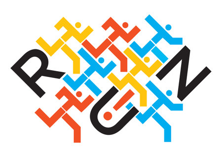 Joggers, running race, word run. Illustration of runners symbol with run lettering. Vector available.のイラスト素材