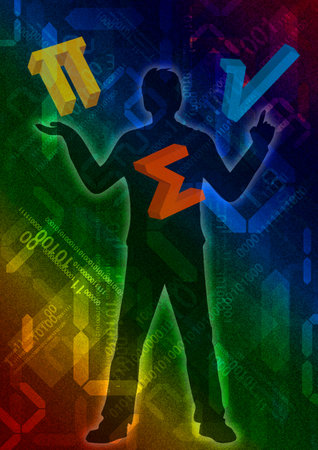 Mathematician, teacher, 3d math symbols. Illustration of stylized male silhouette with mathematical symbols and digital numbers.の写真素材