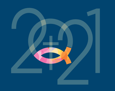 Jesus fish symbol new year. 2021 new year with Jesus fish symbol with cross on blue background. Vector availableのイラスト素材