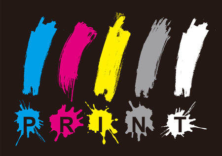 CMYK print colors, exclamation marks, splatters. Illustration of four expressive exclamation marks with CMYK lettering. Concept for presenting of color printing. Vector available.のイラスト素材