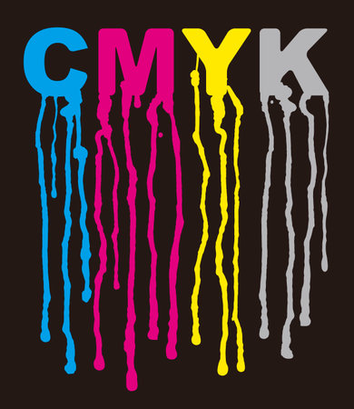 Flowing Paint, CMYK print colors. Illustration with CMYK inscription with dripping paint. Concept for presenting of color printing. Vector available.のイラスト素材