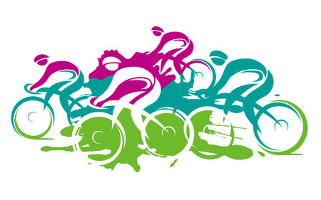 Cycling race, expressive Stylized. Colorful Illustration of cyclists in full speed. Imitation of hand drawing. Isolated on white background.Vector available.のイラスト素材
