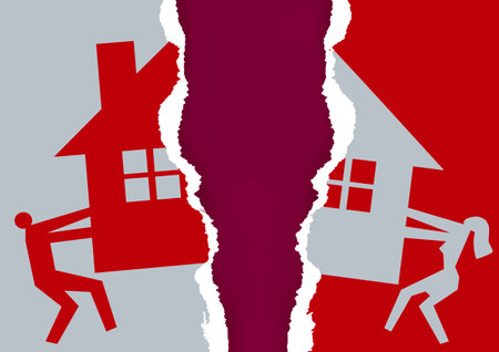 Division of property at divorce. A divorced couple ripping paper with the symbol of the house. Vector available.のイラスト素材