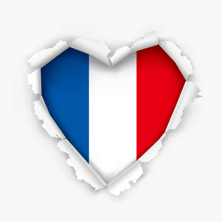 I love France, paper heart symbol. Heart shaped hole torn through paper showing French flag.Democratic patriotic concept. Vector available.のイラスト素材