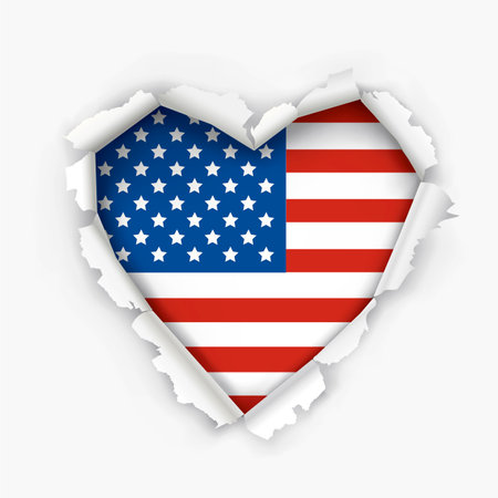 Heart shaped hole torn through paper showing flag of United States.のイラスト素材
