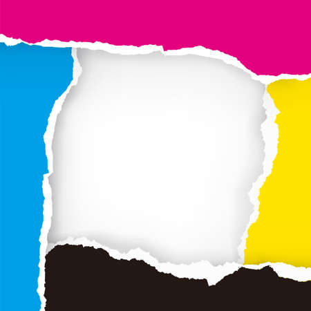 ev Ripped paper square frame with print colors. Torn paper with CMYK colors.Place for your image or text. Concept for presenting color printing. Vector availbleのイラスト素材
