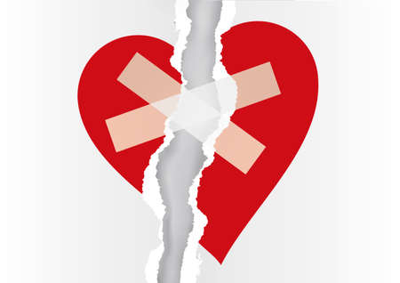 Fragile love, Red broken heart glued scotch tape. Illustration of red torn paper haeart. Vector available.のイラスト素材