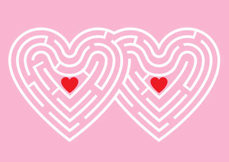 Two hearts maze, the search for love. The labyrinth in the shape of two linked hearts on a pink background. Vector available.のイラスト素材