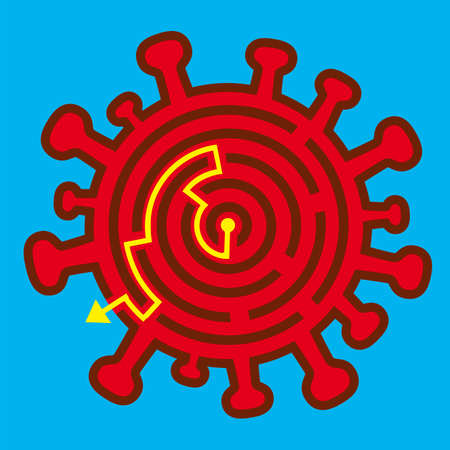 Coronavirus symbol labyrinth, solution way out concept. Illustration of maze symbolizing social isolation, limitation, depression of pandemic COVID 19. Vector available.のイラスト素材