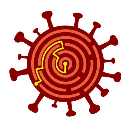 Coronavirus symbol labyrinth, final solution concept. Illustration of maze symbolizing finding of coronavirus vaccine and solution of world pandemic. Vector available.のイラスト素材