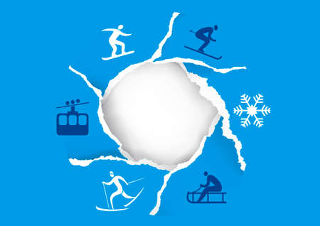 Winter sport icons, torn paper banner. Illustration of ripped paper hole blue background with winter sport activities symbols. Infographic template. Vector available.のイラスト素材