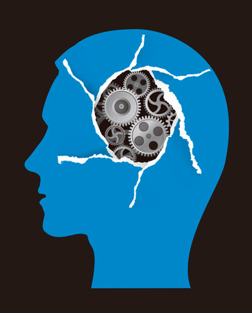Psychological diseases, mental health concept. Male head in profile with gear and torn paper hole. Vector available.のイラスト素材