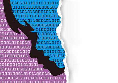 Sad child and binary codes, torn paper banner background. Little girl stylized head silhouette with binary codes. Social networks, computer games addiction concept Vector available.のイラスト素材