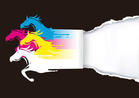 Fast printing concept, color print. Four running horses in the colors of the CMYK color model ripping black paper.Banner template. Vector available.のイラスト素材