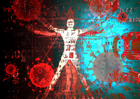 Vitruvian man of modern age, victim of coronavirus pandemic, human tragedy. Expressive colorful Illustration of vitruvian man with a binary codes, and coronavirus symbols.の写真素材