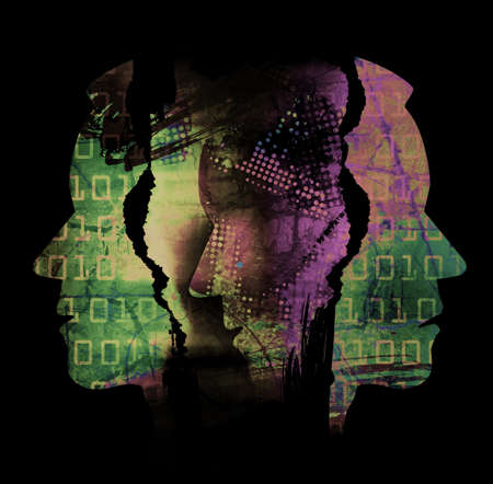 Depression, Schizophrenia, burn out, male heads. Male heads stylized silhouettes shown in profile. Concept symbolizing psychological illnesses.Illustration on black background.の写真素材