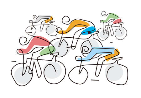 Cycling race, line art stylized. Stylized Illustration with continuous line drawing design with five bike riders.Vector available.のイラスト素材