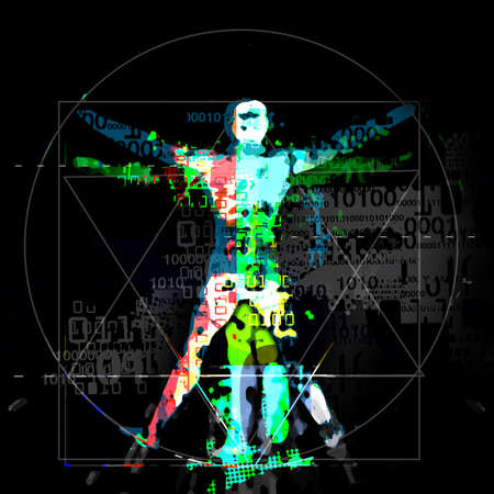 Vitruvian man, artificial intelligence. Futuristic Illustration of vitruvian man with a binary codes symbolized digital age.の写真素材