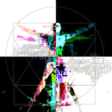 Vitruvian man, artificial intelligence. Futuristic Illustration of vitruvian man with a binary codes symbolized digital age.の写真素材